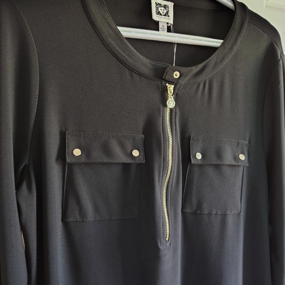 Anne Klein Black Knit Gold Zip Top Blouse M - Picture 5 of 9